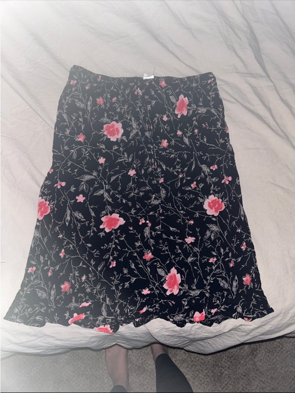 Vintage Floral Black A-Line Skirt with Pink Blooms